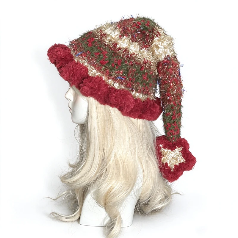Handmade Christmas Red Green Star Witch Wizard Beanie Custom Crochet Ruffled Knit Winter Elf Pixie Hat Women Cosplay Party Caps