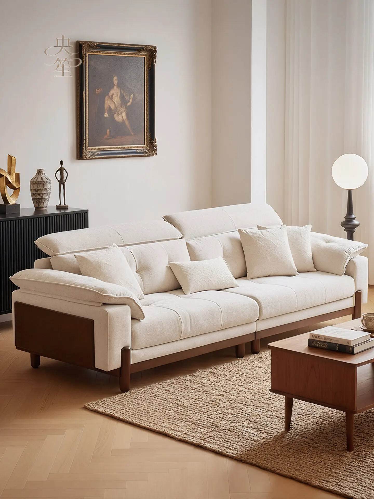 Second-hand style solid wood fabric sofa small apartment living room chenille detachable washable sofa