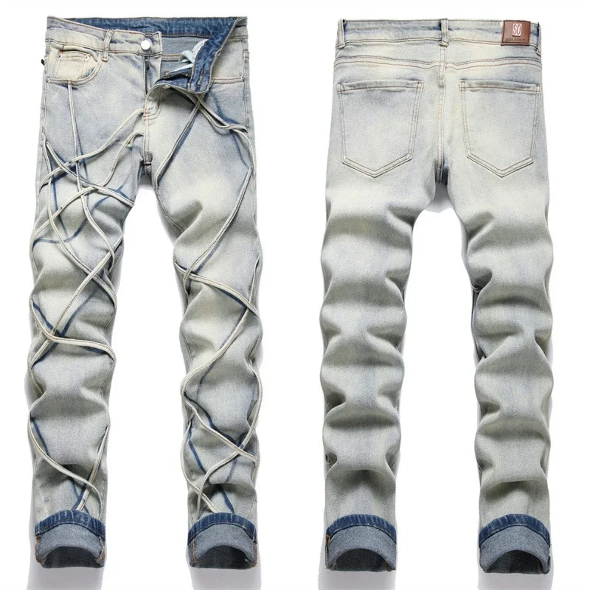 Herren perforierte Jeans 3d innere Stickerei Reiß verschluss gebleicht Slim Fit Strumpfhosen hochela tischen Reiß verschluss Trend Katze Bart Farbverlauf 2024