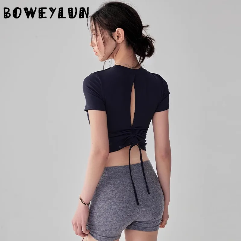 

BOWEYLUN With Chest Pads Yoga Clothing Women Hollow Drawstring Running Fitness Sports Breathable Short Sleeve T-shirt for Female