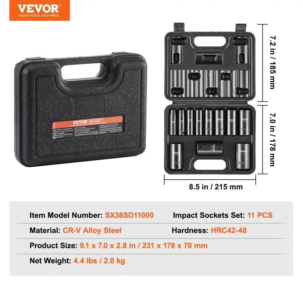 Impact Sockets Set 11pcs 6-Point 3/8in Drive Bit Ratchet Tool Kit for Case