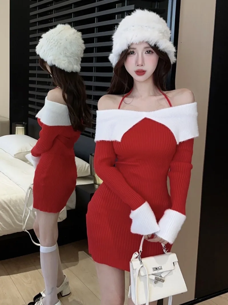 

Красный вязаный свитер с застежкой на талии Dr, женский осенне-зимний одноразовый цветной свитер с рукавами-крылышками, сексуальная шикарная юбка