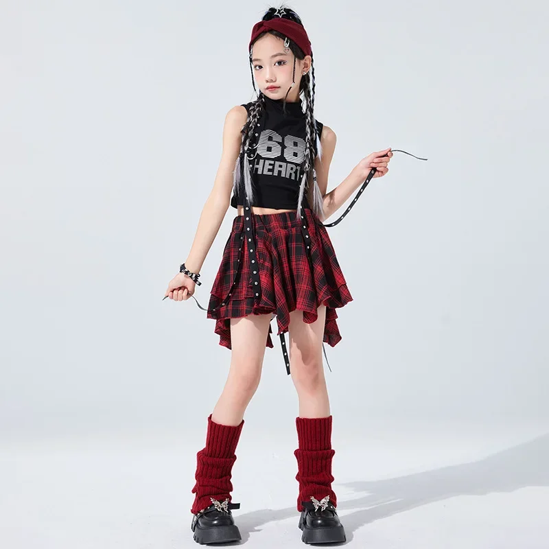 Girls Jazz Dance Clothes Black Vest Red Plaid Skirt Kids Hip Hop Suit Kids Cheerleading Performance Outfits Kpop Stage Costumes