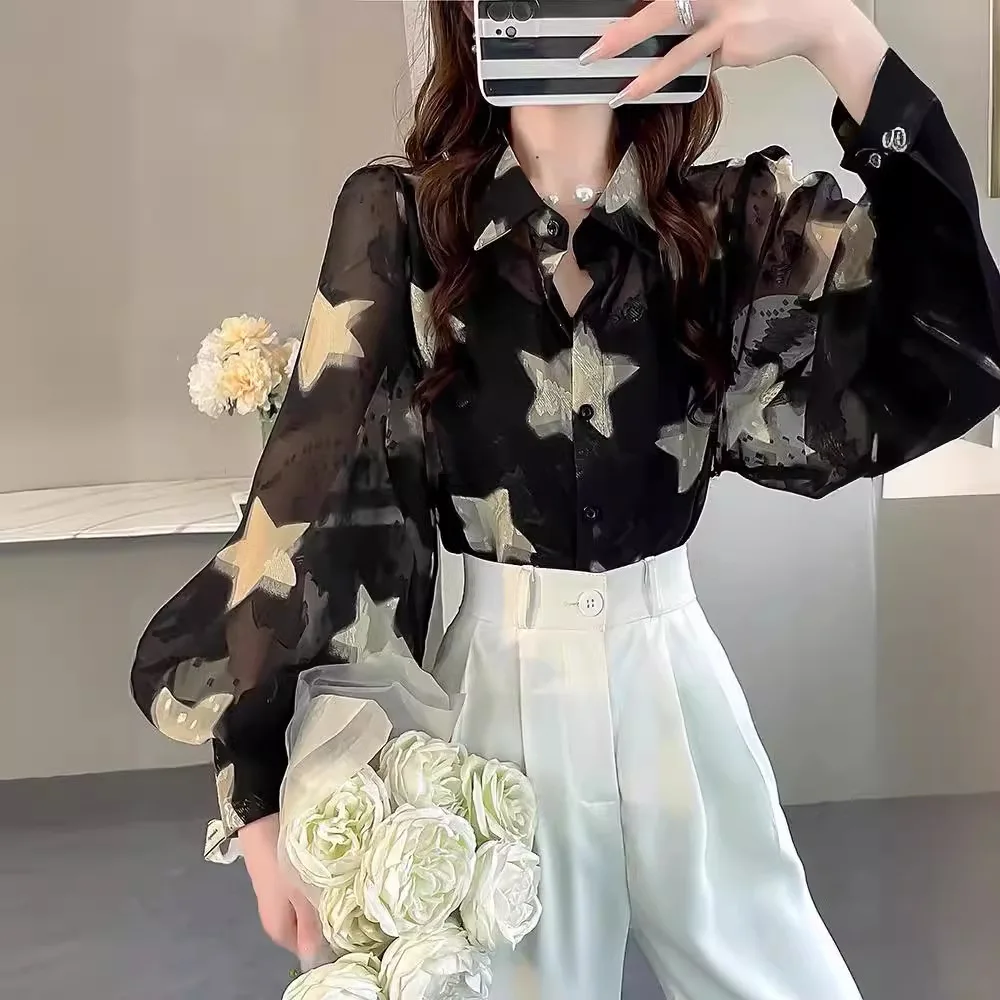 가을 시폰 슬리밍 랜턴 슬리브 여성용 스타 프린트 자수 셔츠