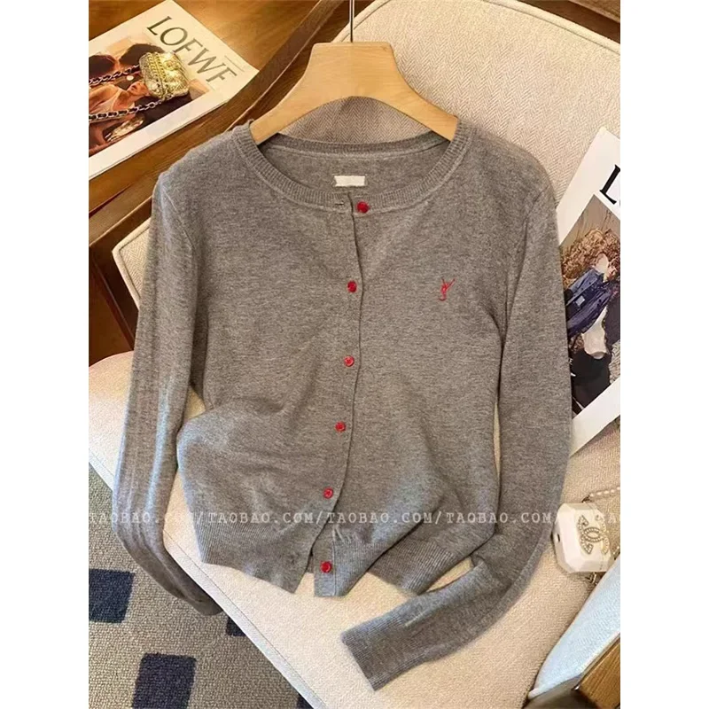 Women Chic Letter Embroidery Knitwear Autumn Slim Elasticity Fashion Vintage Knitted Cardigan Comfortable Commute Sweaters