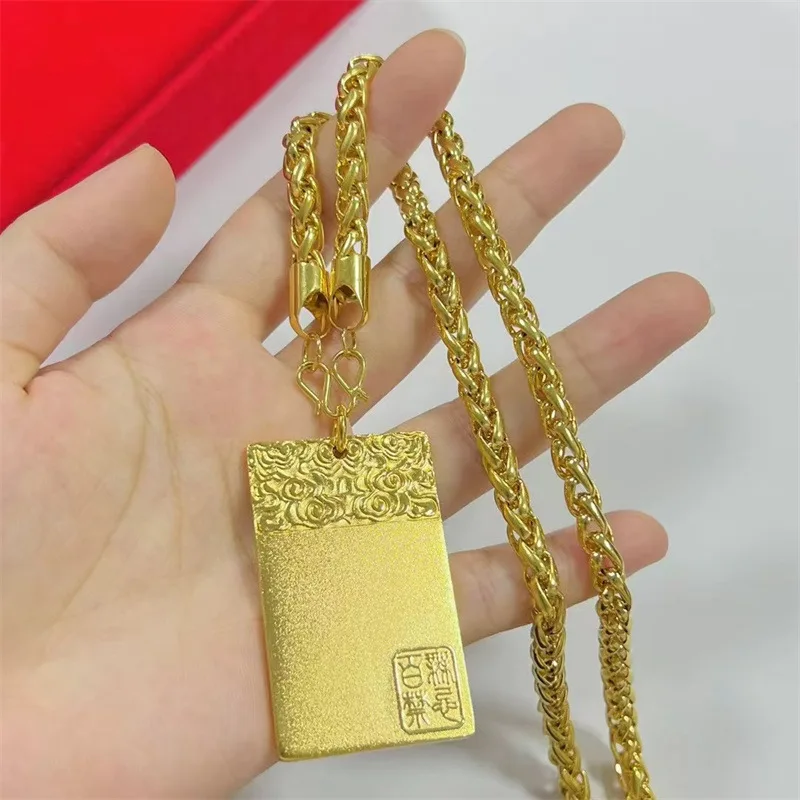 Luxury 24K 9999 Pure Gold real gold Men's and women's nothing card with riding whip necklace