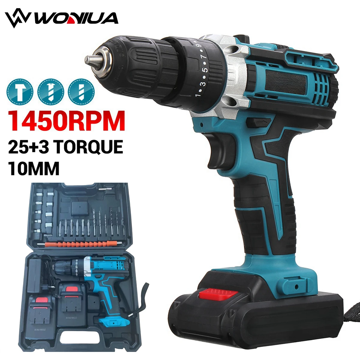 10mm Cordless Impact Drill Brushless Electric Drill 25+3 Torque Driver Electric Screwdriver Rechargeable Handheld Hammer Drill