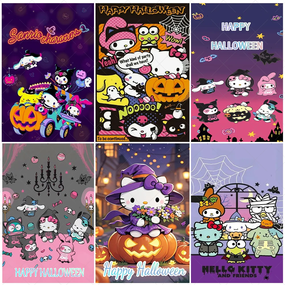 

Cartoon Sario Halloween Background Vertical Hanging Cloth Door Decoration Cute Hello Kitty Kuromi Melody Party Backdrop Supplies