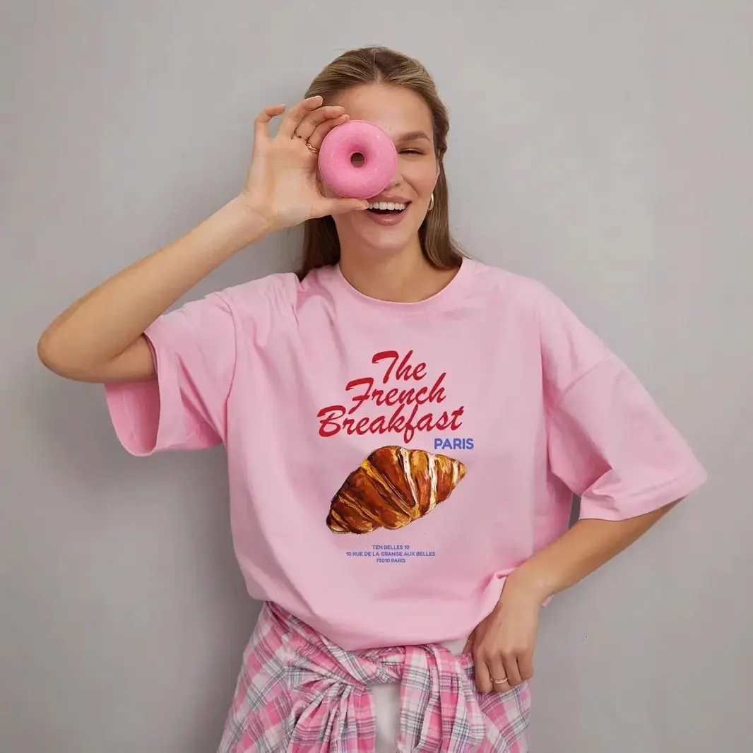 Casual And Cute European And American Sweet Croissant Print Temperament 100% Pure Cotton Summer New Lazy Style Commuting T-shirt