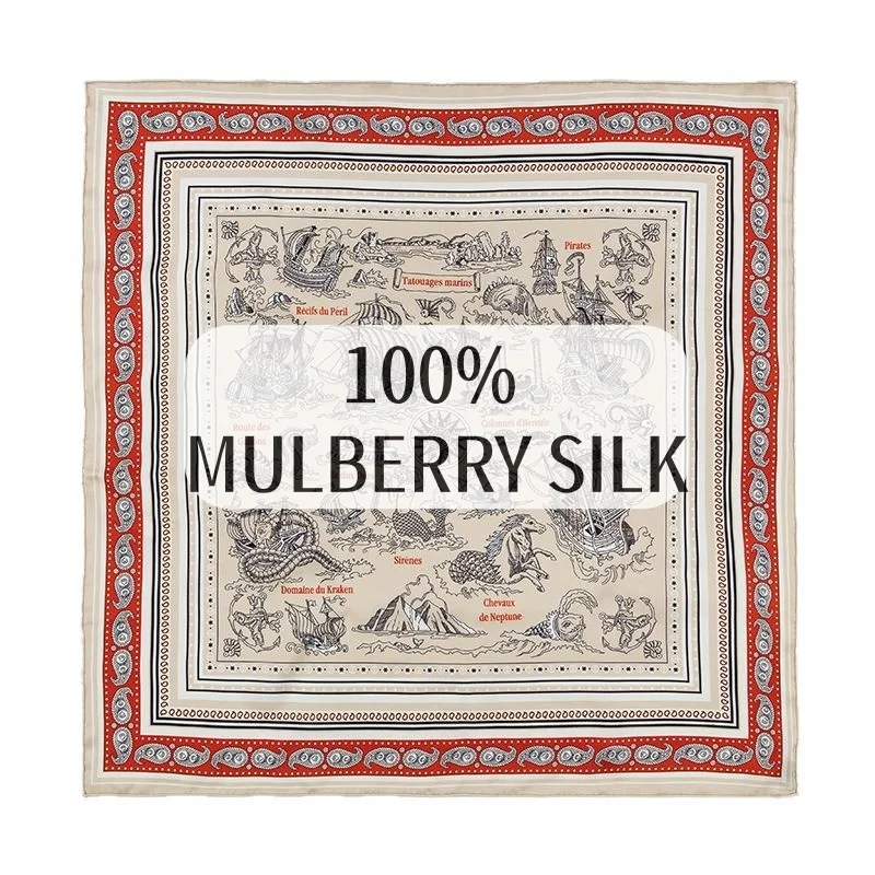 100% Mulberry Silk 65cm Vintage Nautical Pirate Sea Monster Square Scarf Multi Layer Paisley Border Bandana Office Travel Gift