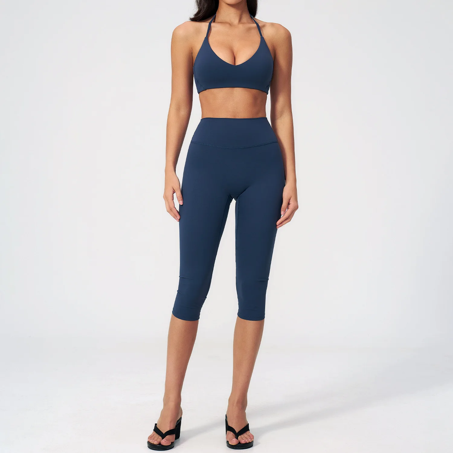 Women 2Pcs Yoga Sets Halter Sports Bra High Waist Capri Leggings Fitness Workout Gym Pilates Running Sportswear Tights Suits