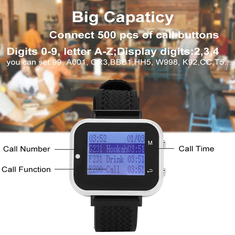 Wireless Calling System 5 Table Call Button Transmitters 1 Watch Pager, Restaurant Waiter Service Bell Buzzer