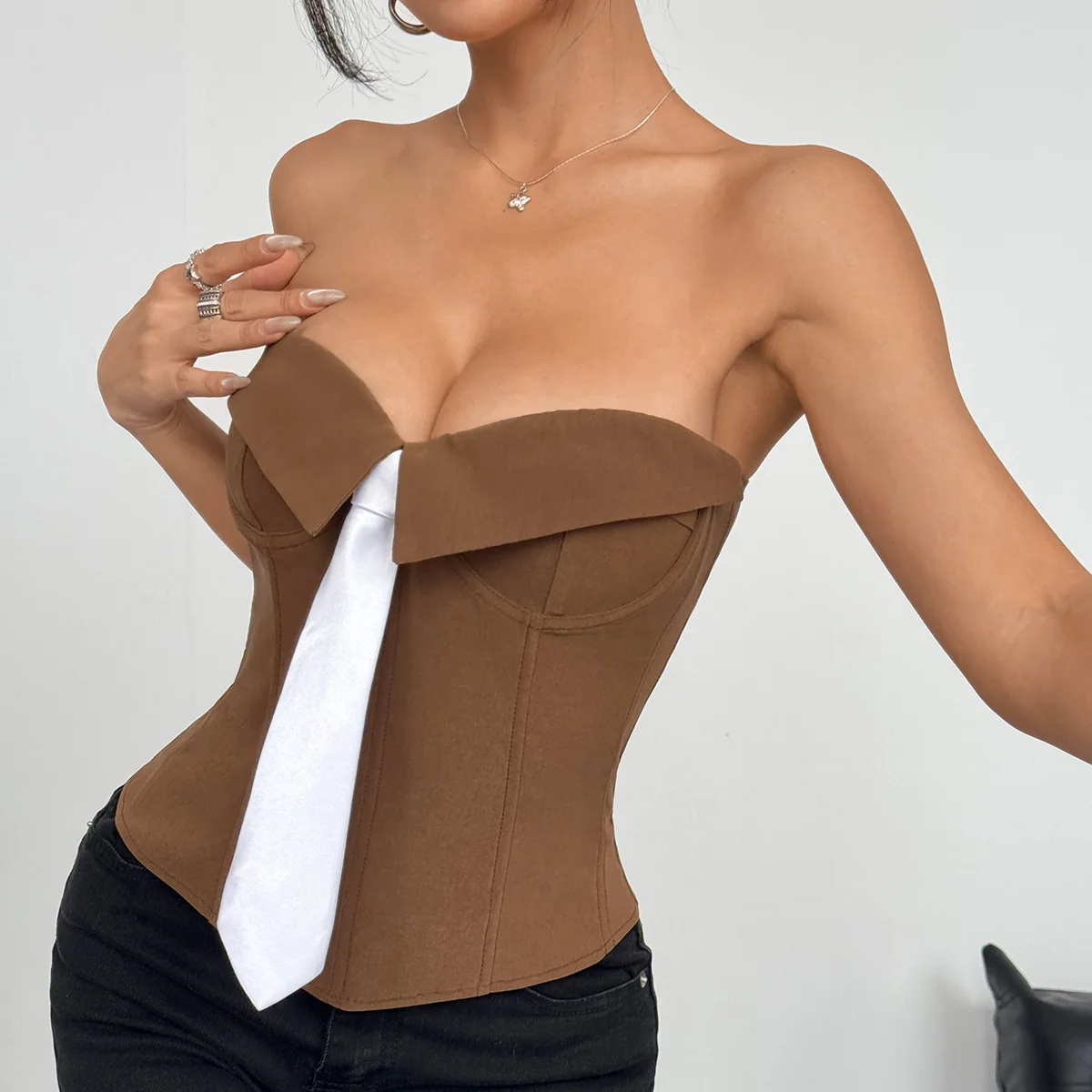 여성 섹시한 Bustier 탑 (넥타이 포함) 빈티지 Strapless Overbust 코르셋 Boned Bodyshaper Crop Bandeau Top