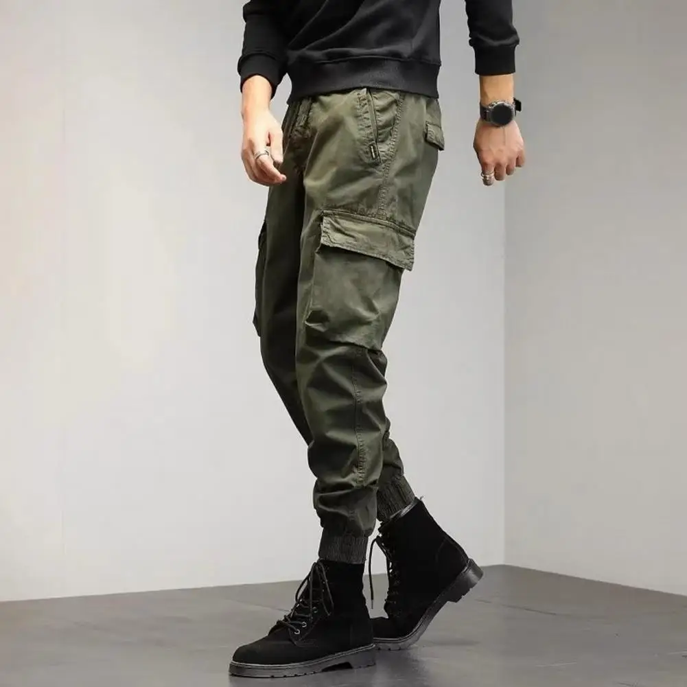 Calças masculinas elegantes de carga com vários bolsos, calças confortáveis, ajuste de cintura média, tecido respirável, hip hop