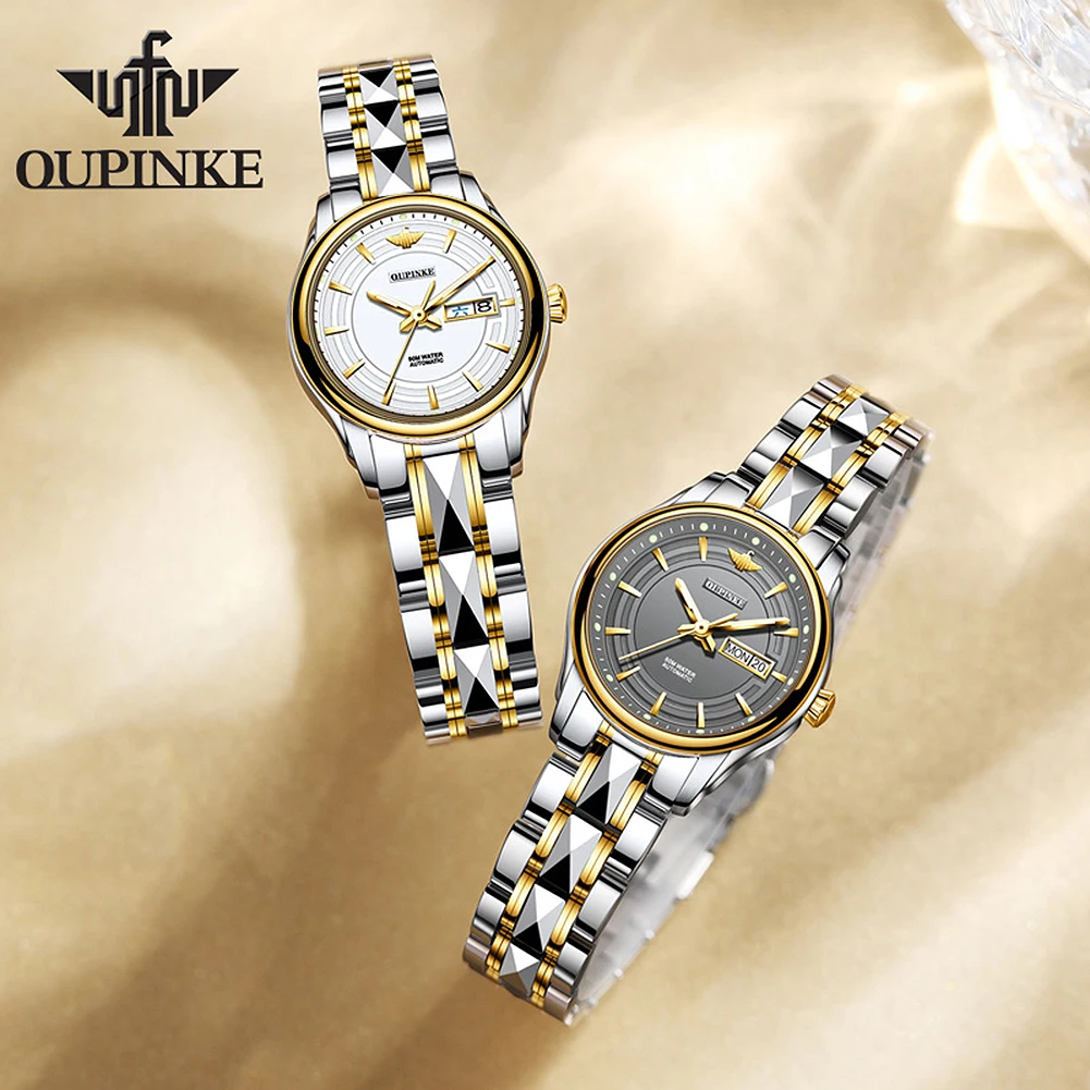 OUPINKE 3170 Deep Waterproof Automatic Watch For Women Dual Calendar Mechanical Hand Clock Stainless Steel Luxury Woman Watches