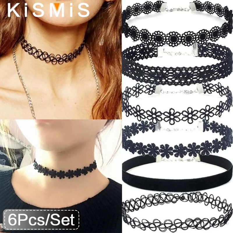 KISMIS 6 sztuk/zestaw czarne koronkowe Chokers naszyjnik zestaw Vintage Gothic Punk elastyczny naszyjnik damska biżuteria 1 zestawów