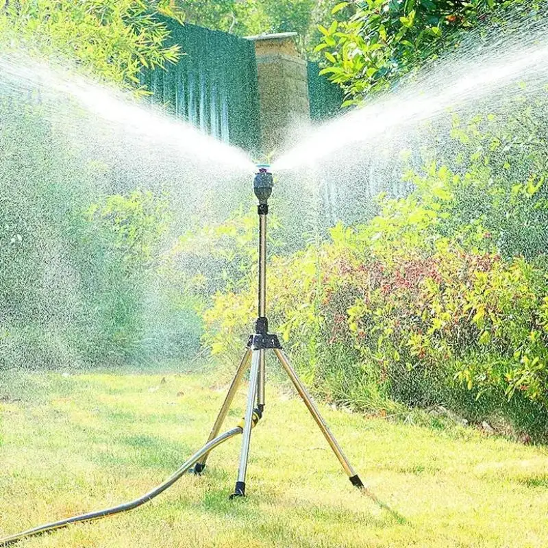 Aspersor giratorio automático para jardín, soporte de riego con trípode de acero inoxidable, chorro de agua de 360 grados, herramienta para césped