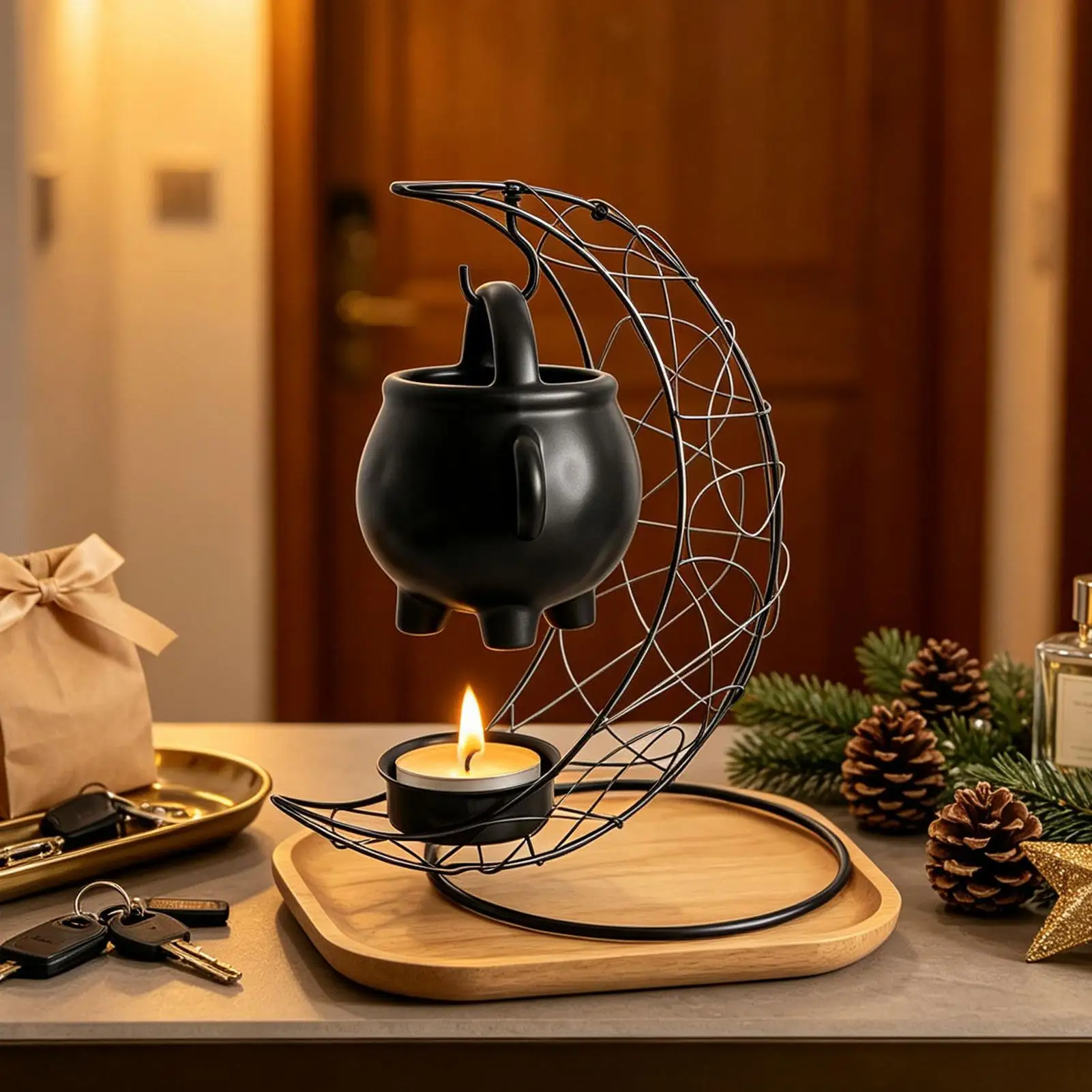 Black Cauldron Wax Melter Iron Moon Stand Ceramic Aroma Diffuser For Wax Tart Candle Warm Tabletop Ornament