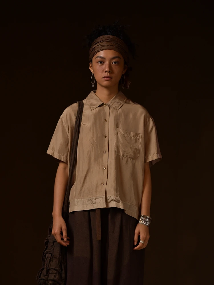 

Оригинальный дизайн, шелковая рубашка с растительным окрашиванием, повседневная, однотонная, женская, премиум-качества, летняя, из тонкого материала, прямого кроя.