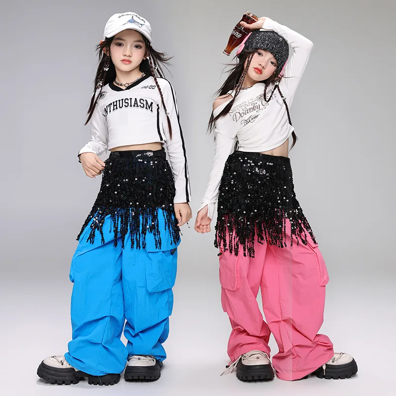 Kid Cool Hip Hop Clothing White Letter Crop Top T Shirt Blue Casual Wide Ruched Cargo Pants for Girl Jazz Dance Costume Clothes