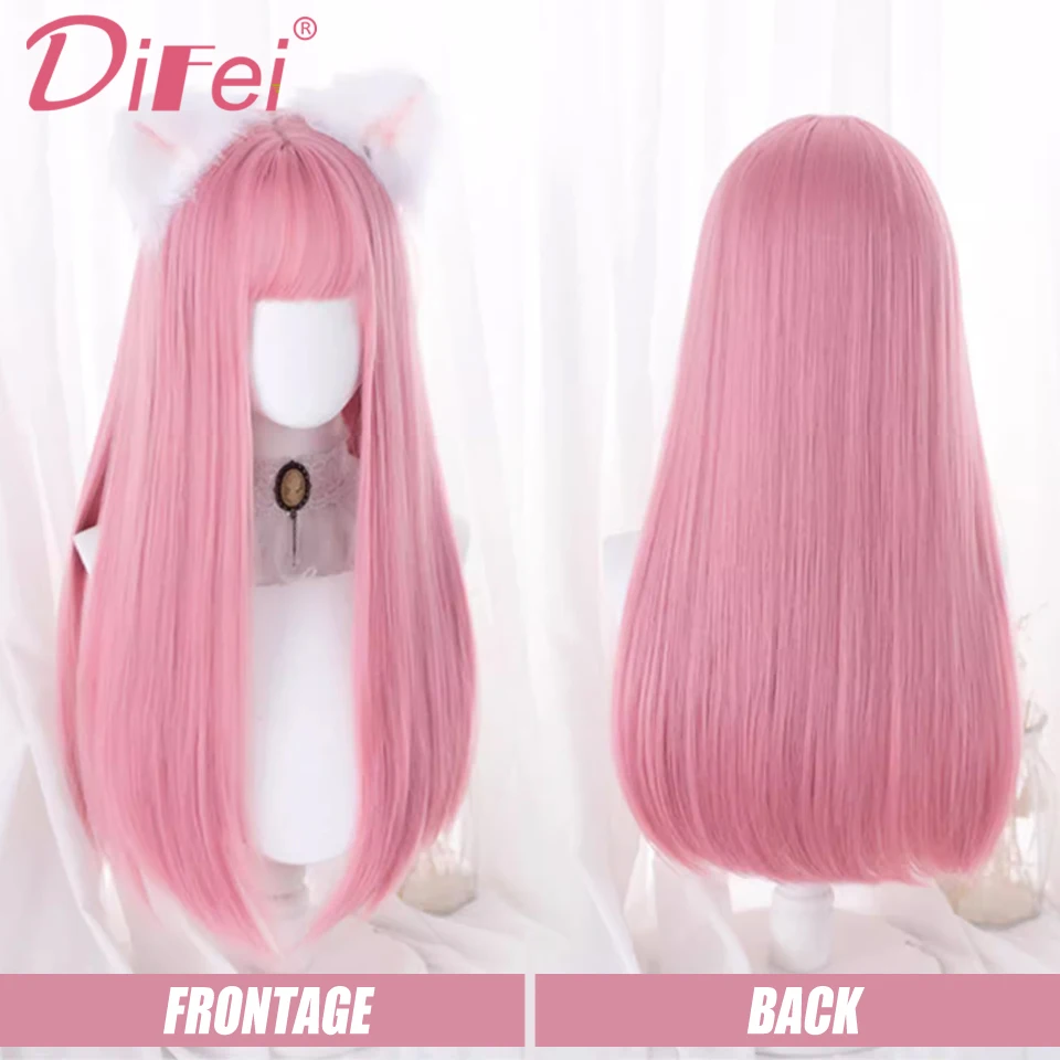 Difei pêssego rosa longa reta peruca sintética feminino doce lolita natural fofo franja reta longa reta festa cosplay peruca