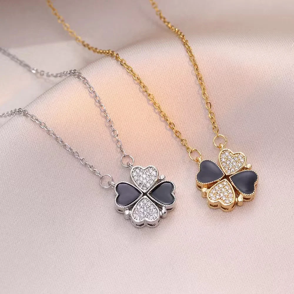 Trendy White Black Double Side Magnet Buckle Heart Clover Pendant Women Necklaces Female Double Wear Stainless Steel Neck Chain