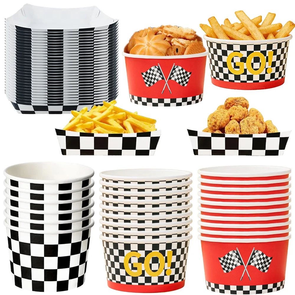 Plateaux alimentaires jetables en papier à motif drapeau à carreaux de voiture de course, ensemble de bols à collation, vaisselle sur le thème de la course automobile pour fête d'anniversaire de garçons et événements de course