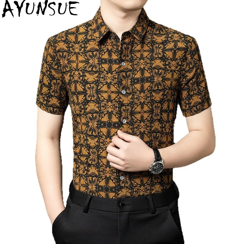

AYUNSUE 100% Real Mulberry Silk Shirt for Men Summer Luxury Floral Shirts Short Sleeve Tops Fashion Casual Shirt Chemise Homme