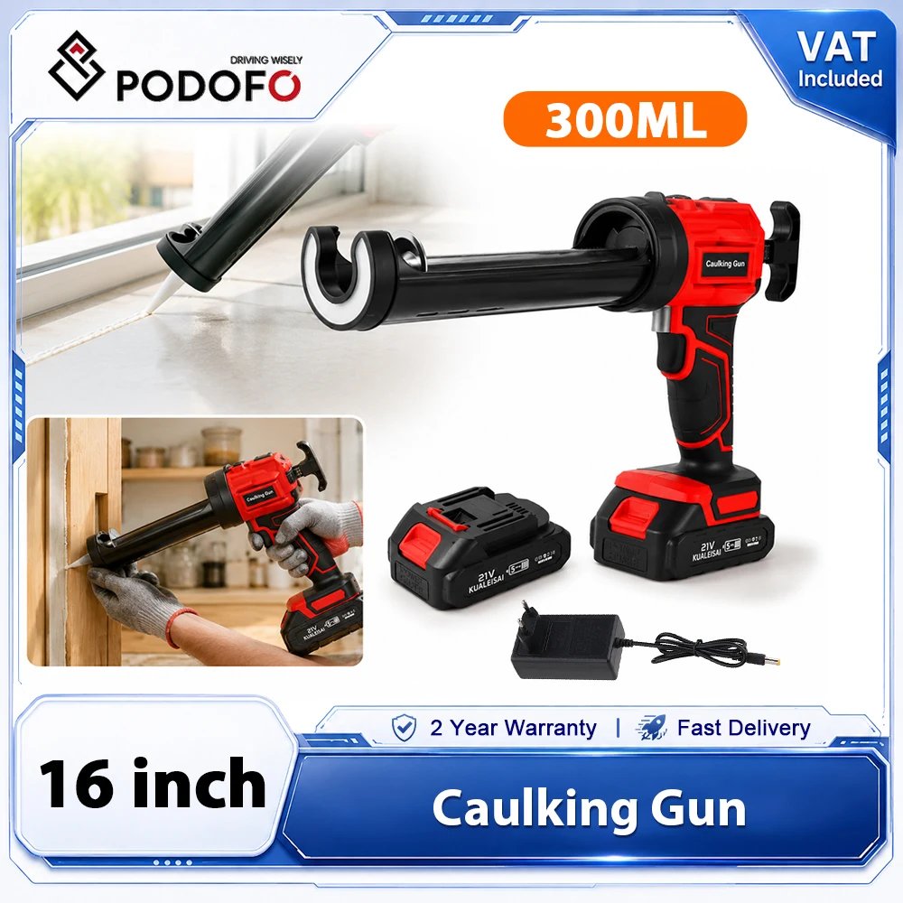 Podofo, pistola elettrica senza fili da 300 ml (10 once) per applicare sigillanti, con 4 velocità regolabili, ricaricabile, portatile, dotata di luce LED e sistema di ritorno automatico, ideale per