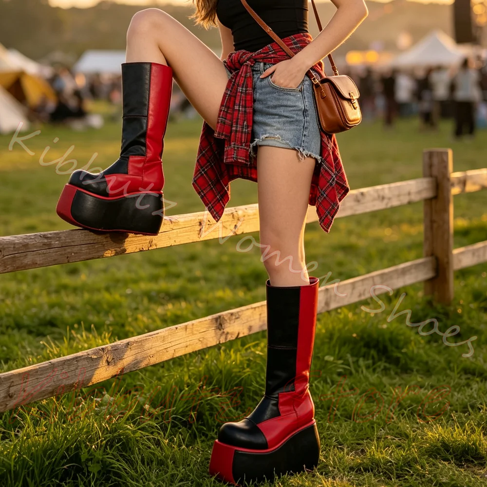 Patchwork Knee High Platform Boots Women Punk Goth Fashion Round Toe Thick Sole Slip-On Streetwear Shoes Leather Mixed Color New