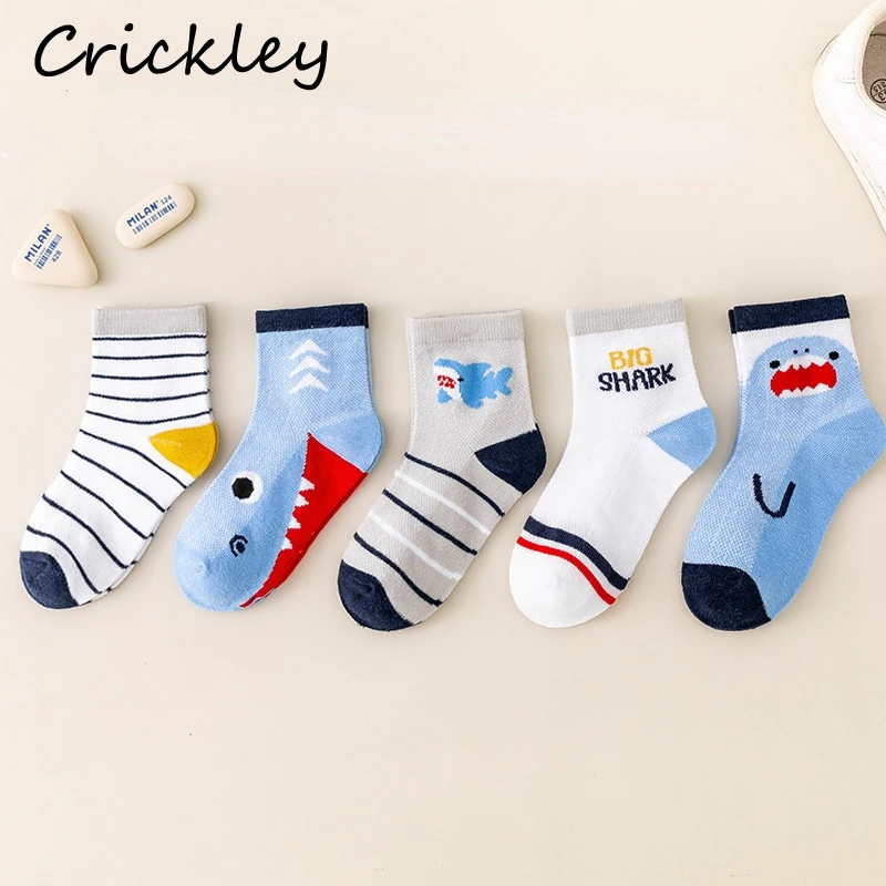 5Pairs/lot Cartoon Shark Children\'s Cotton Socks Spring Summer Mesh Boys Socks Soft Thin Breathable Kids Short Sock 1-13T