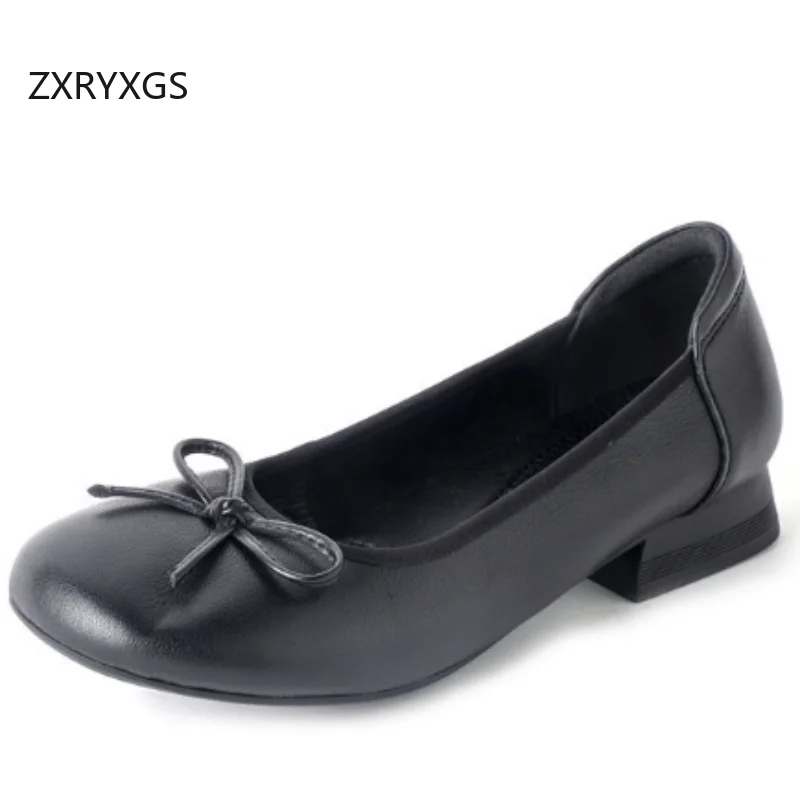 

ZXRYXGS Женская обувь премиум-класса из натуральной кожи с бантом на низком каблуке 2025 Маленький размер 31 Плюс Размер 43, удобная элегантная модная обувь с круглым носком