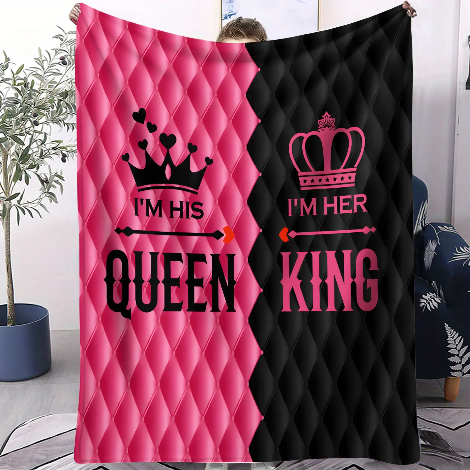 الملك الملكة زوجين الفانيلا بطانية رومانسية تاج القلب طباعة بطانية متعددة الوظائف المنزل التخييم السفر هدية مثالية للعشاق