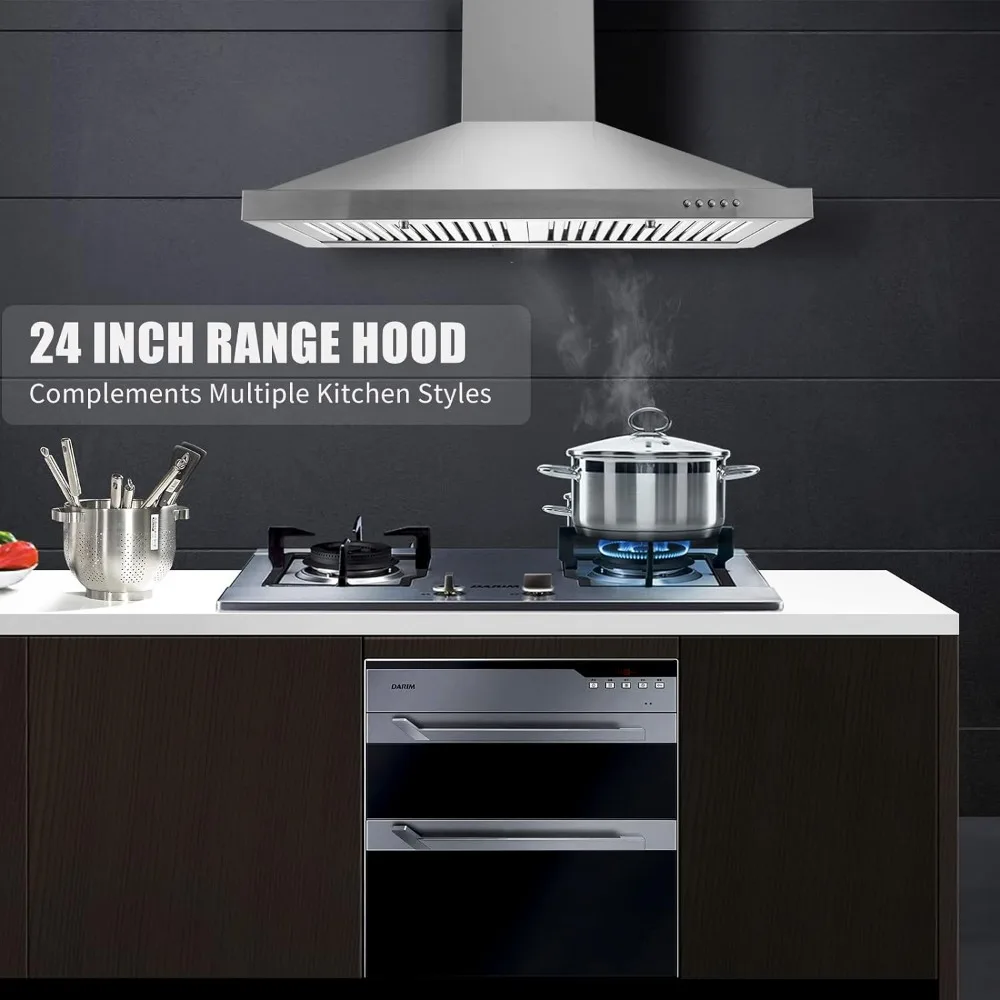 24 Inch Range Hood, Wall Mount Vent Hood in Stainless Steel with Ducted/Ductless Convertible Duct, 3 Speed Exhaust Fan