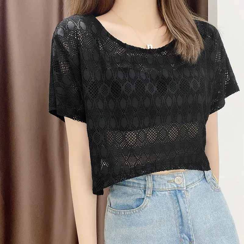 Women Short Sleeve Sunscreen Shirt Monochromatic O-Neck Casual Summer Office Clothes Fashion All-Match Loose Tops Women Clothes