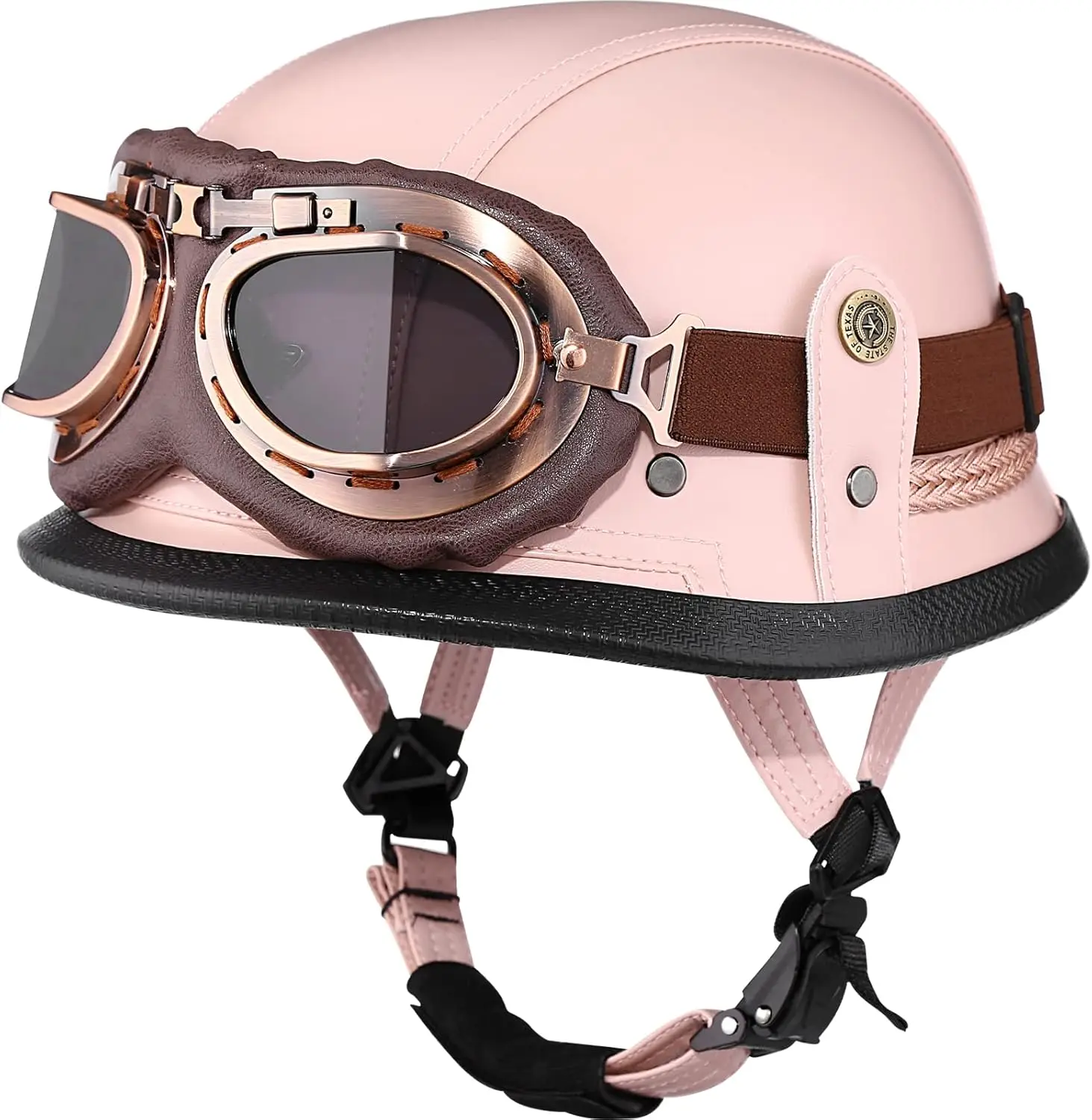 

Retro German Half Helmet Handmade Leather Quick Release Buckle & Goggles DOT Approved Pink M