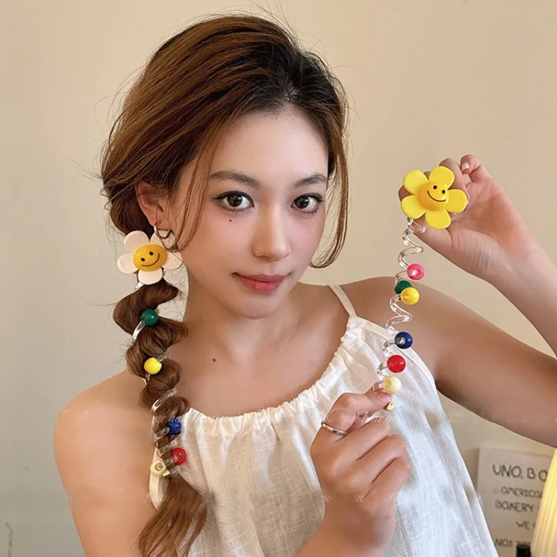 4PCS Sweet Spring and Summer Sunflower Bubble Braided Hair Artifact Tie ponytail Candy Color Telephone Wire Hair Loop Hair Rope image 4