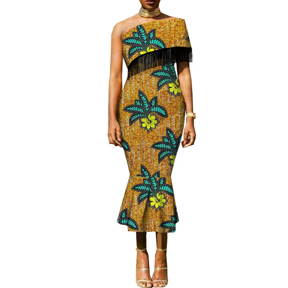 Designer African Dresses for Women Tassel Short Sleeve Off Shoulder High Waist Ankara Print Attire Party Elegant Maxi Dress