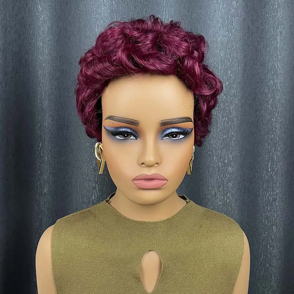 버건디 인모 픽시컷 가발 (흑인 여성용) 와인 레드 레이어드 숏 컬리 머신메이드 가발 (일상용)