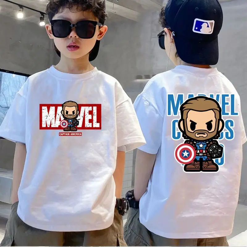 Boys and girls short-sleeved cotton summer T-shirt Marvel cartoon children\'s top big boys and girls base shirt half-sleeved top