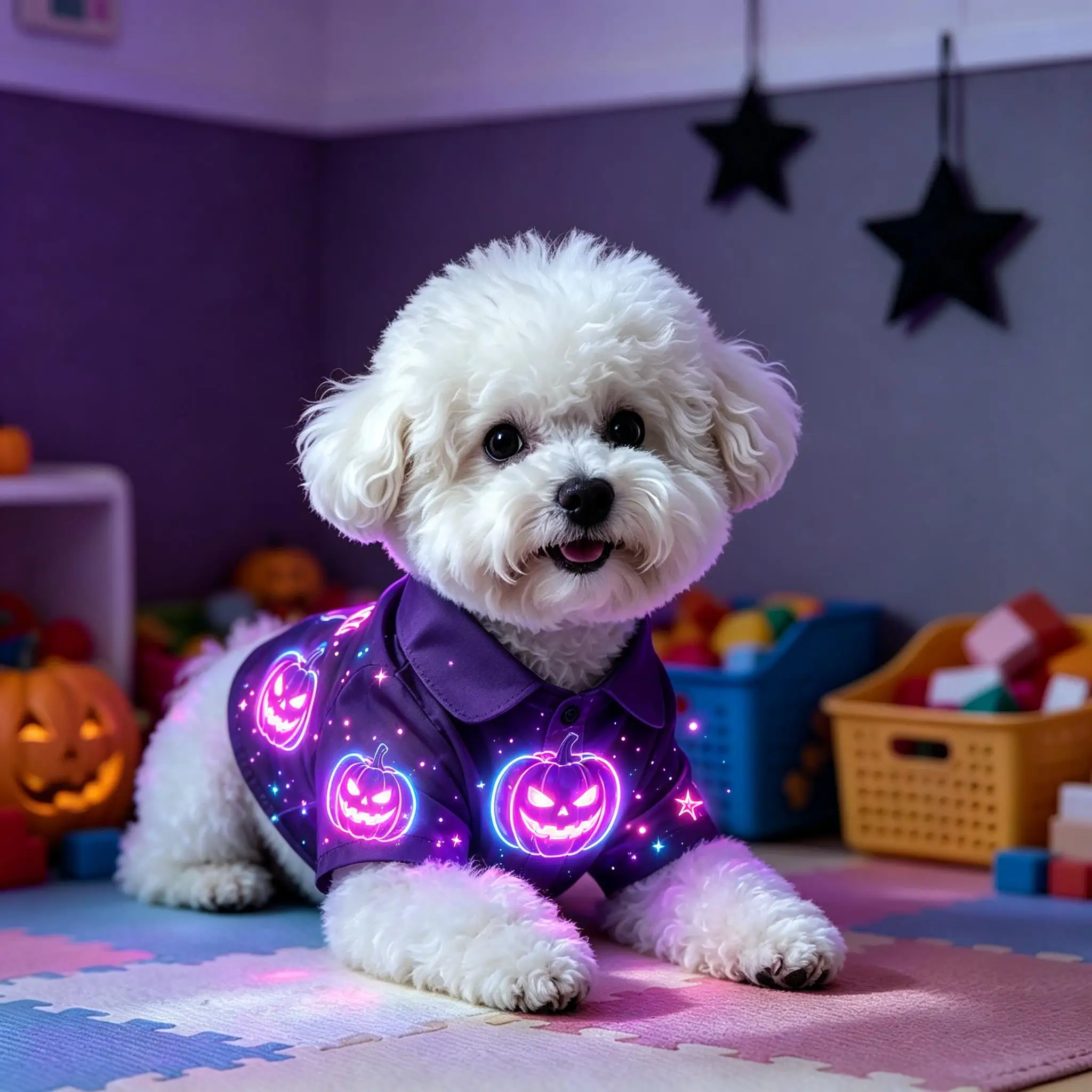 Pet Dog Shirt Purple Neon Glowing Pumpkin Print Breathable Button Up for Small Medium Dogs Halloween Party Daily Wear