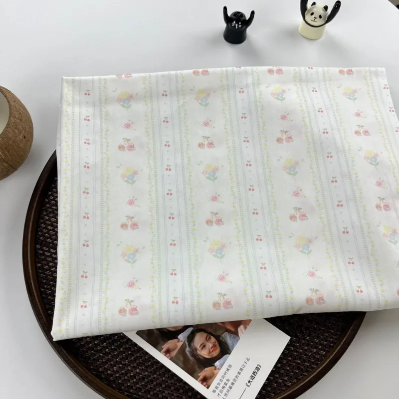 0.5m Pure Cotton Floral Stripe Fabric Cherry Bowknot Print Cloth For Doll Clothes Pillow Tablecloth DIY Handmade Sewing Material view 3