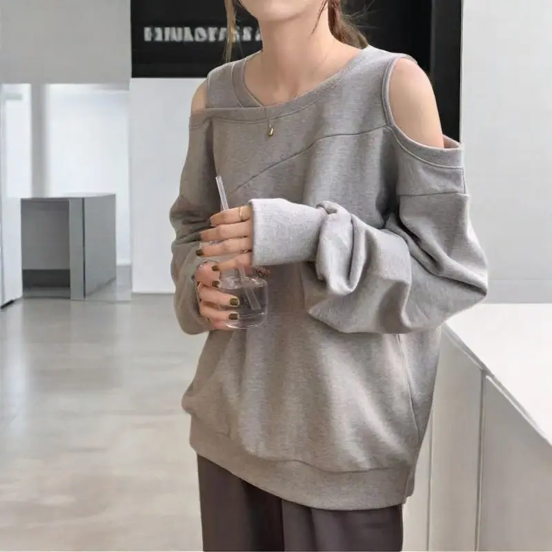 Off Shoulder Hanging Neck Design Top Plus Size New Korean Version Fashionable Women's Clothing Fat Mm Versatile Long Sleeved