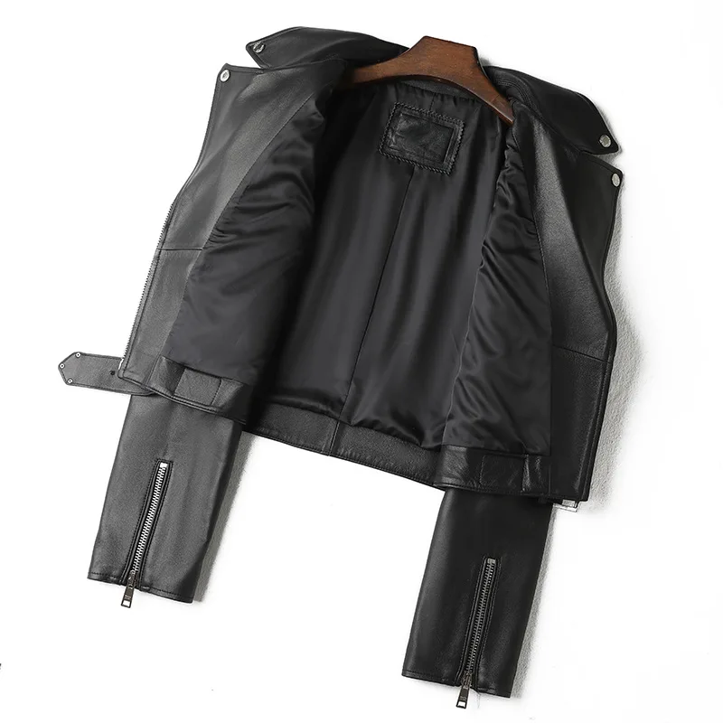 Куртка из 2023 натуральной кожи, Новинка весна-осень, верхний слой из шкуры ягненка, Короткая Стильная черная мотоциклетная кожа в американском уличном стиле