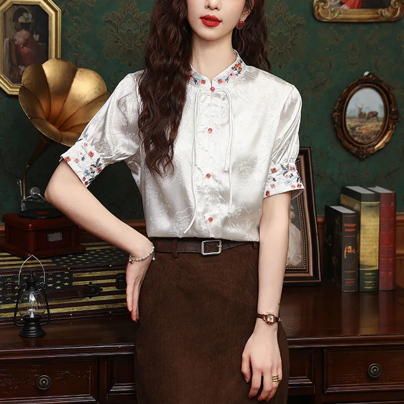 2024 New Women\'s Summer Chinese Style Traditional Embroidery with Retro Style Stand Collar Fashion Versatile Casual Half Sleeve