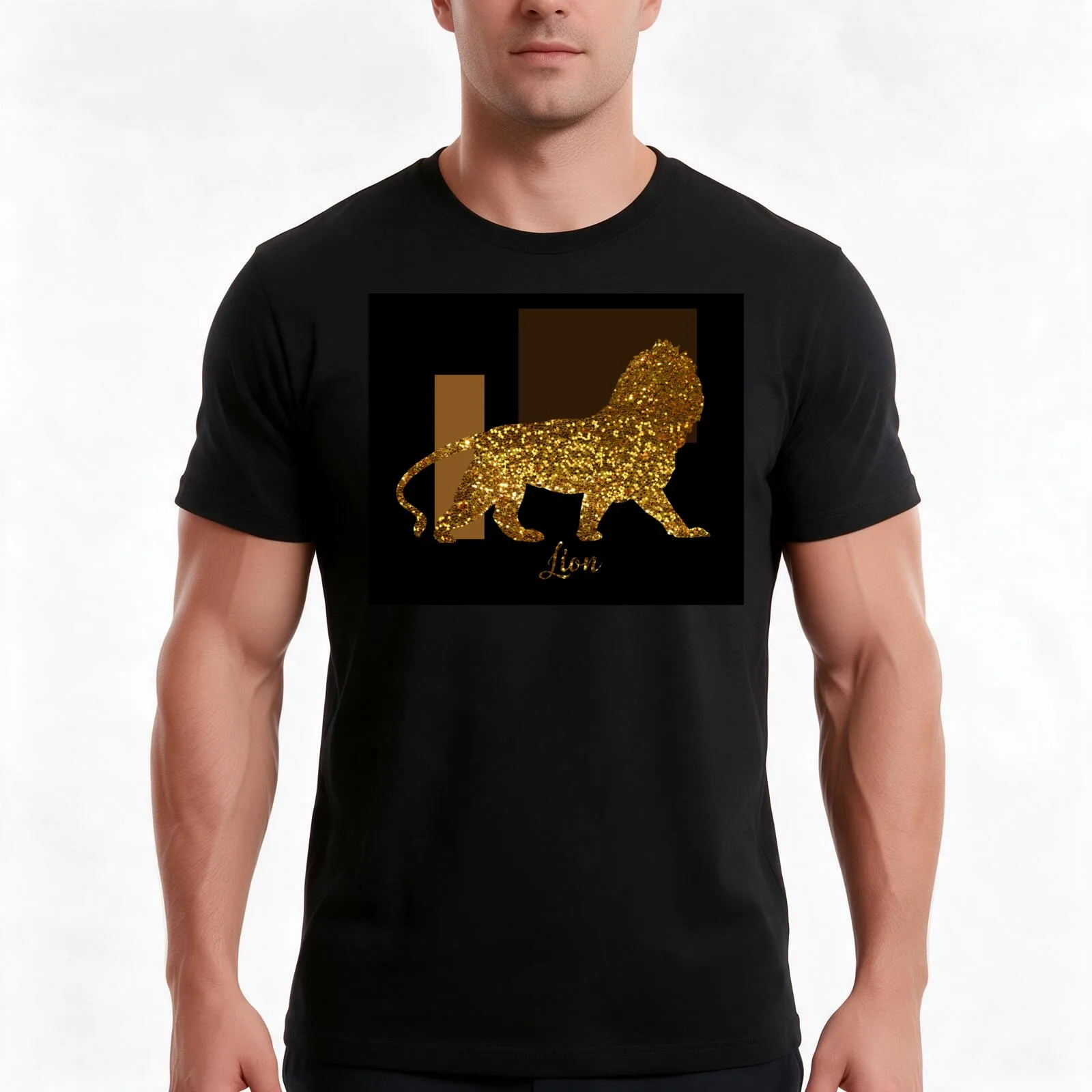 Golden Lion Modern composition, gold black brown T-Shirt, Summer Casual Cotton Tee, Oversized Streetwear Tops, Unisex Men Women