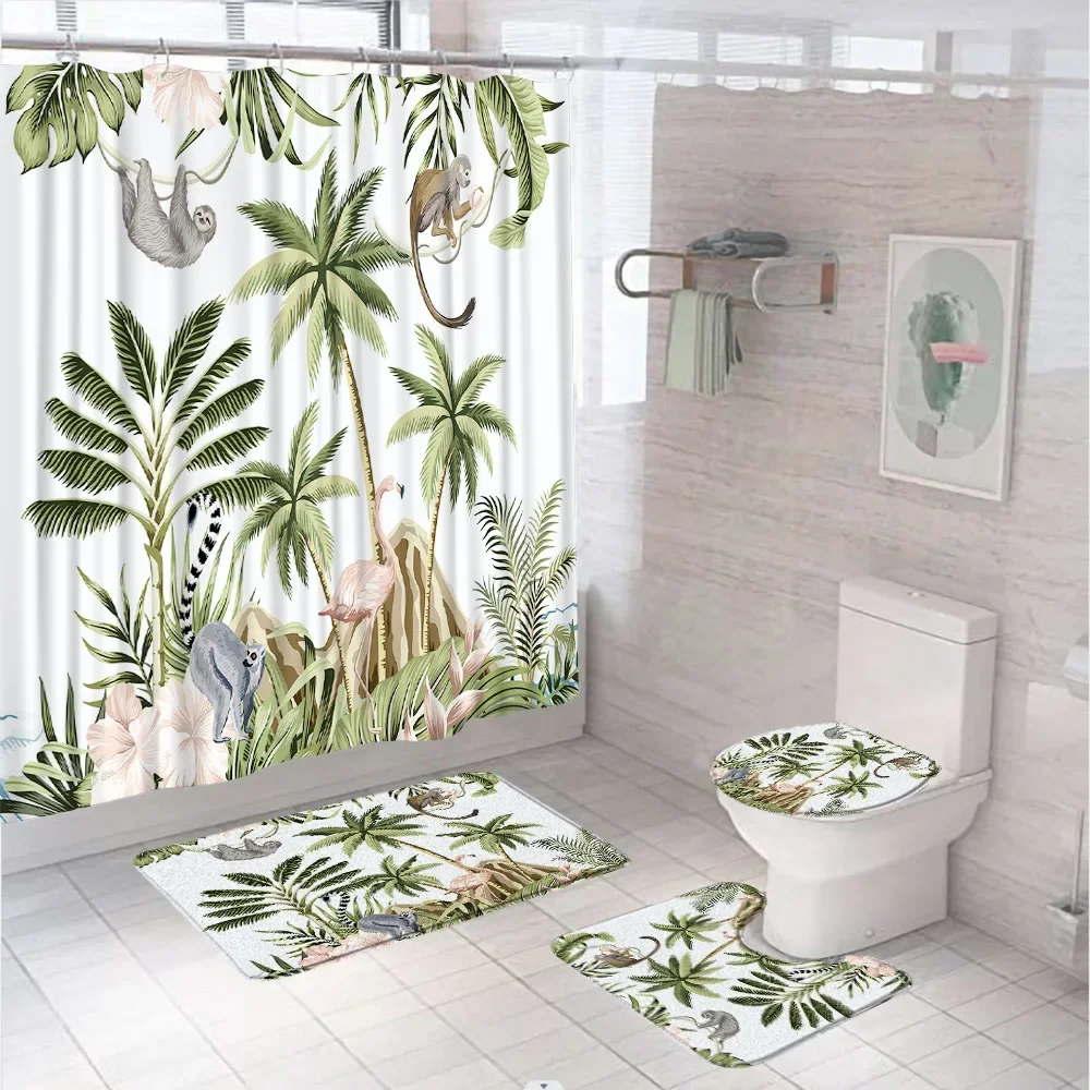 Tropical Green Leaves Bathroom Curtain Set Bird Flamingo Parrot Toucan Hibiscus Shower Curtains Rug Bath Mat Carpet Toilet Cover