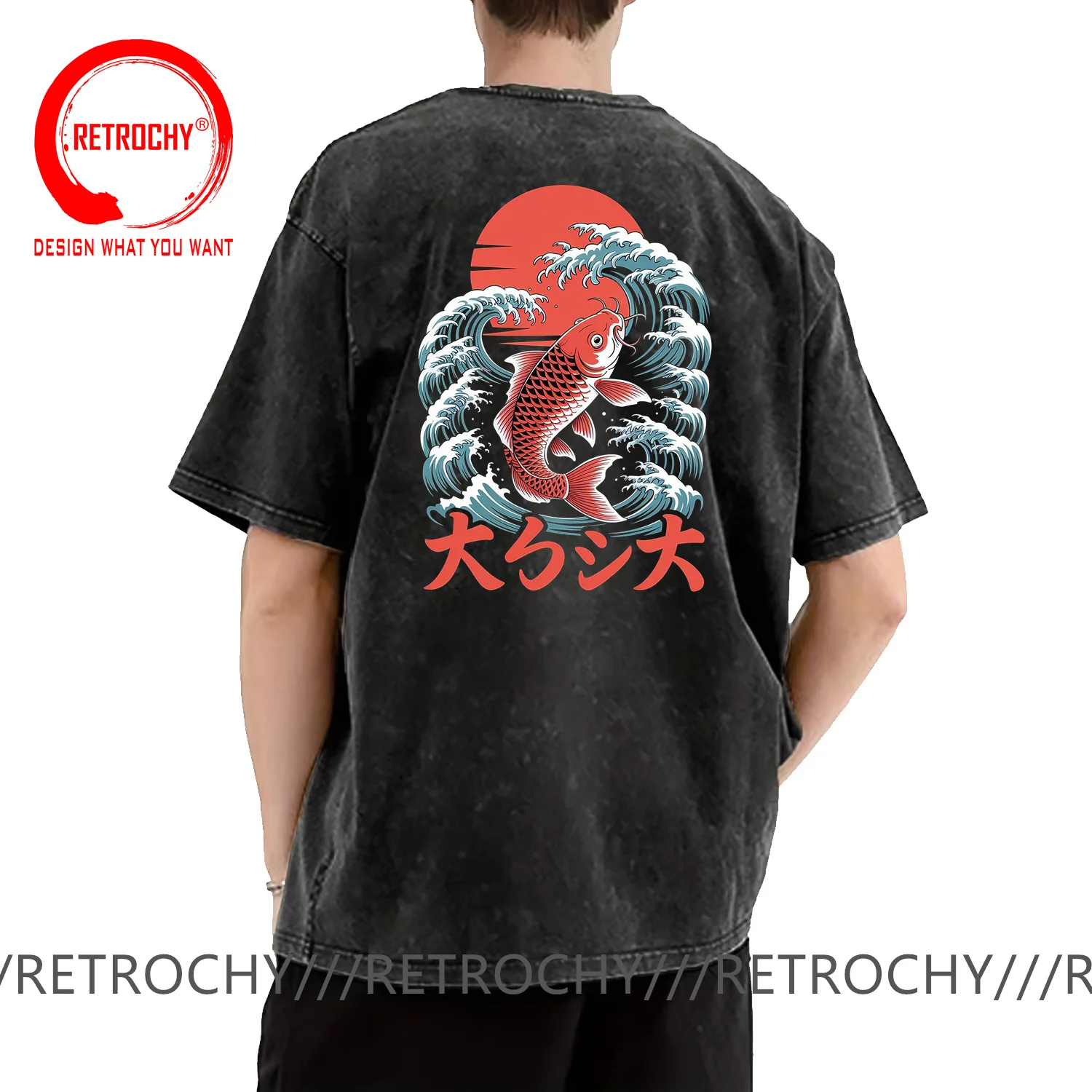 

Vintage Washed Cotton T-shirt Japanese Style Koi Fish T Shirt Men Fashion Streetwear T-Shirts HipHop Tees tshirt Casual Clothing