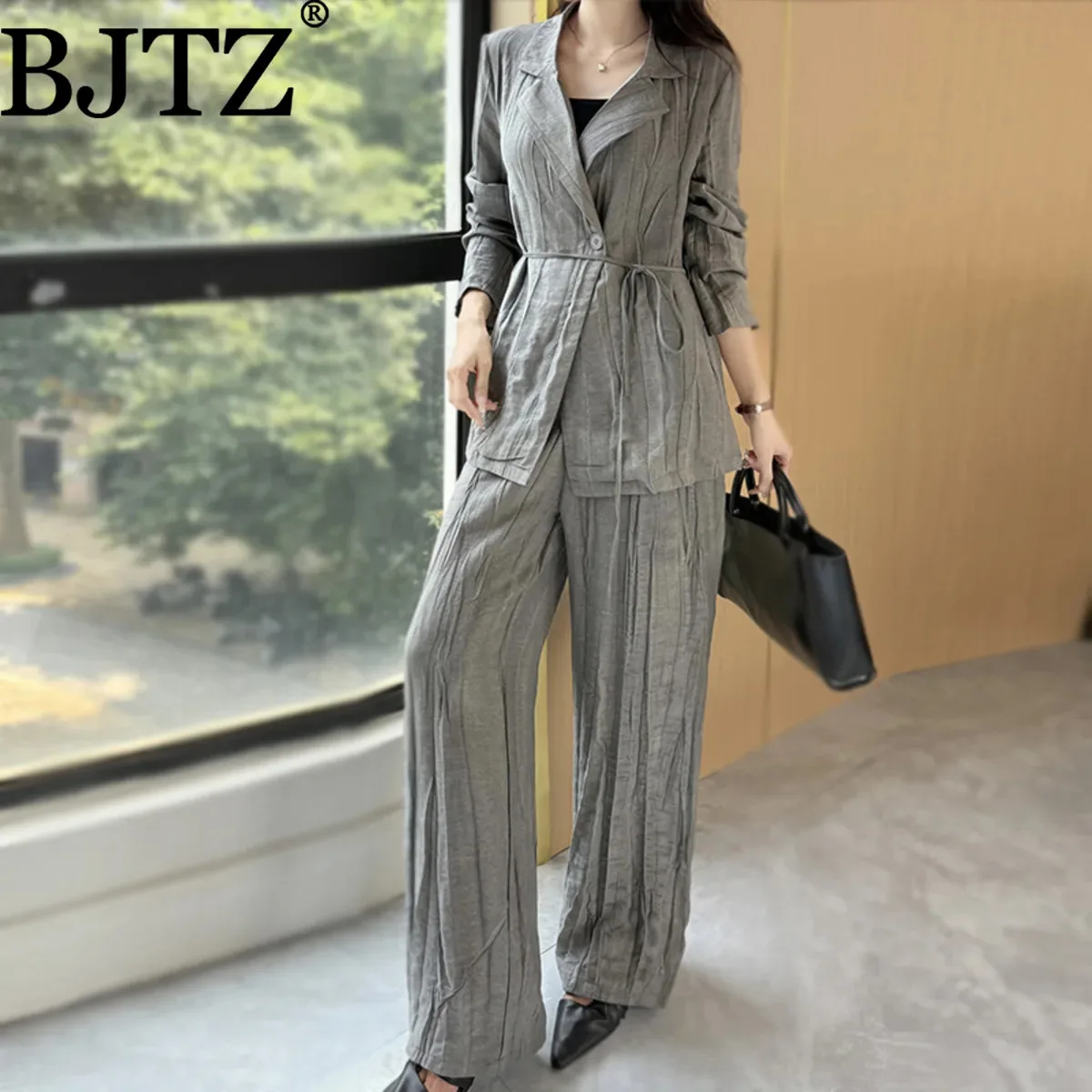 

BJTZ Vintage Chic Solid Color Blazer Lapel Button High Waist Wide Pants Two Piece Sets 2025 Women Luxury Premium Spring Fashion