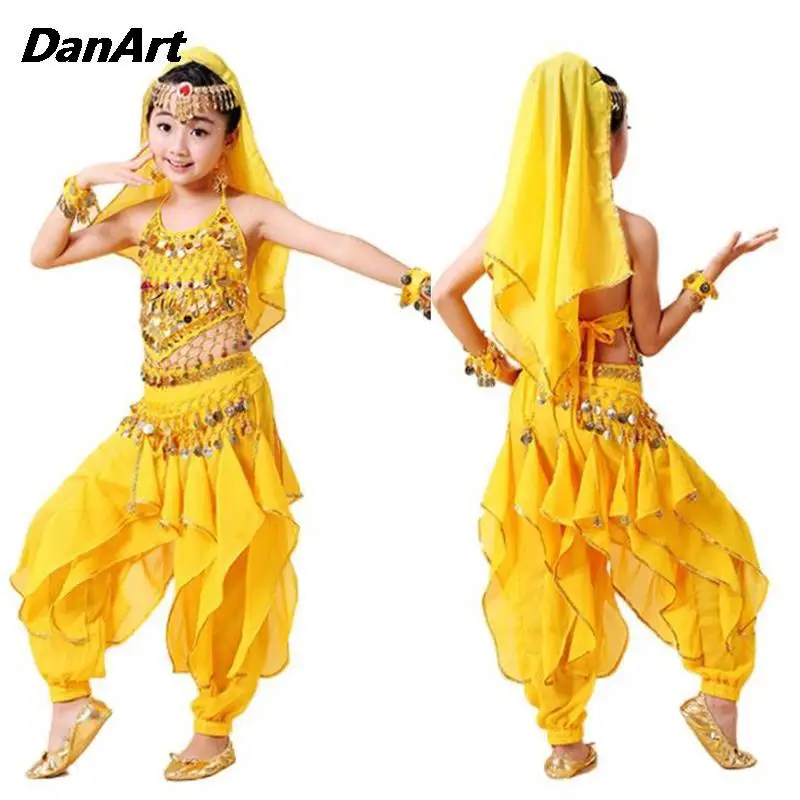 Fato de dança do ventre para crianças, roupa para meninas, indiana, árabe, performance de Halloween, bolso, calças giratórias, 4 peças